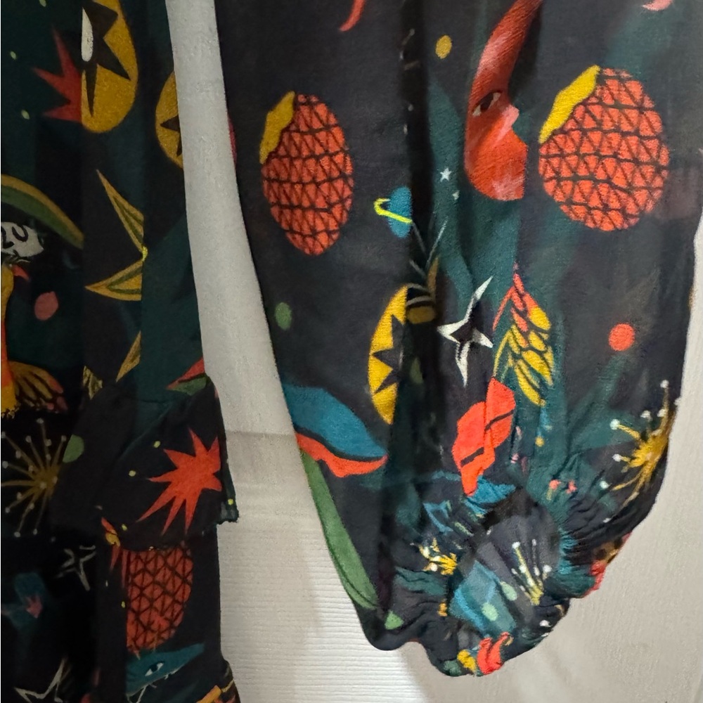 FARM Rio Dark Green Long-Sleeve Tiered Dress with Red, Yellow and Teal Motif - Picture 4 of 9